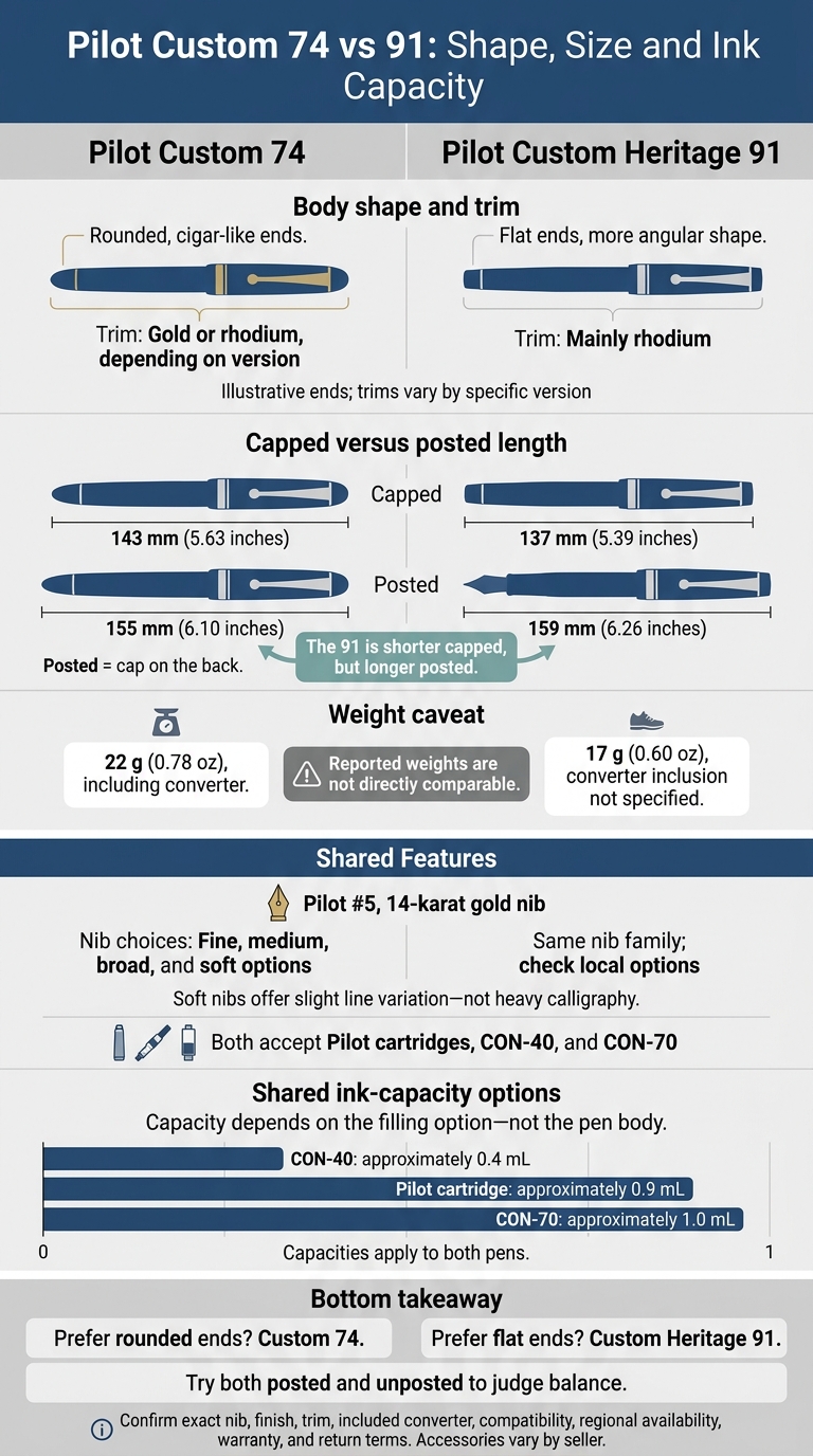 Pilot Custom 74 vs 91: Shape, Size and Ink Capacity