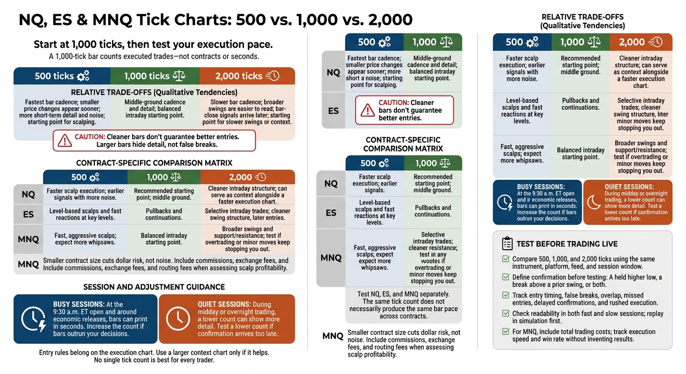 NQ, ES & MNQ Tick Charts: 500 vs. 1,000 vs. 2,000
