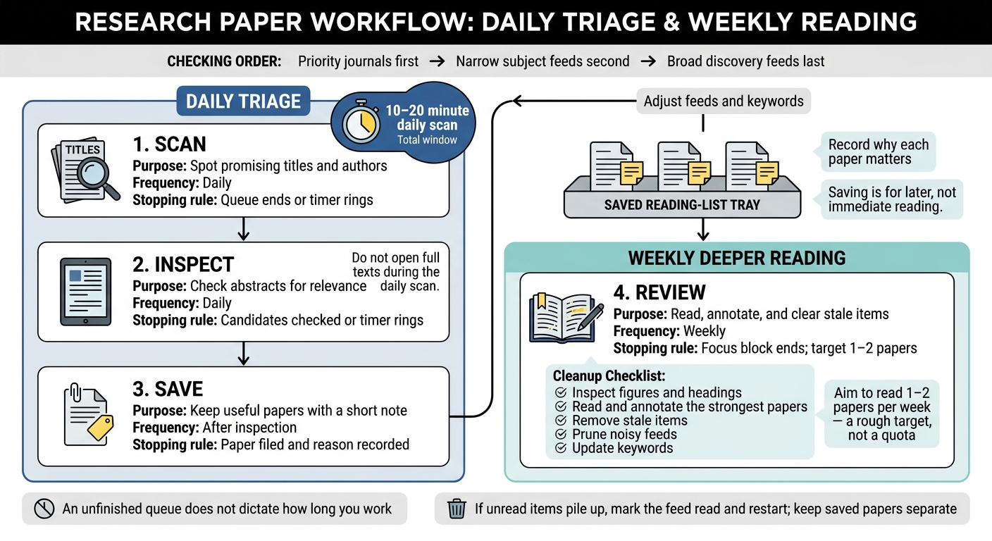 Research RSS Workflow: Scan, Inspect, Save, Review