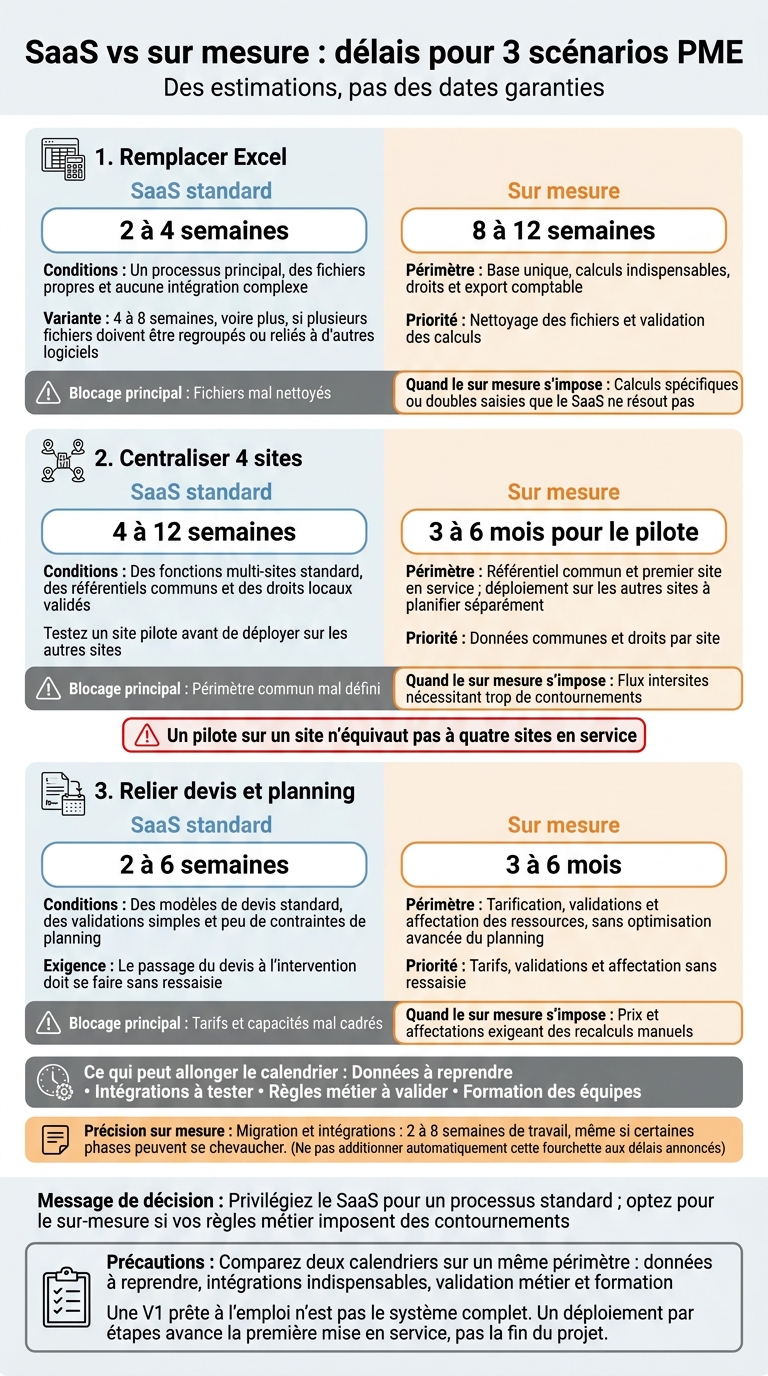 SaaS vs sur mesure : délais pour 3 scénarios PME