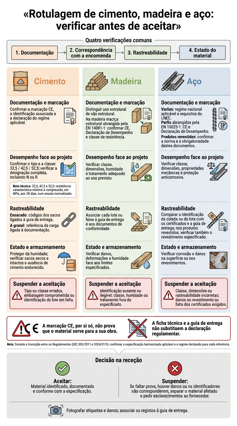 Rotulagem de cimento, madeira e aço: verificar antes de aceitar