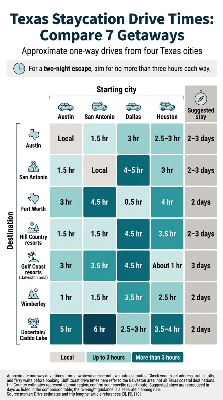Texas Staycation Drive Times: Compare 7 Getaways