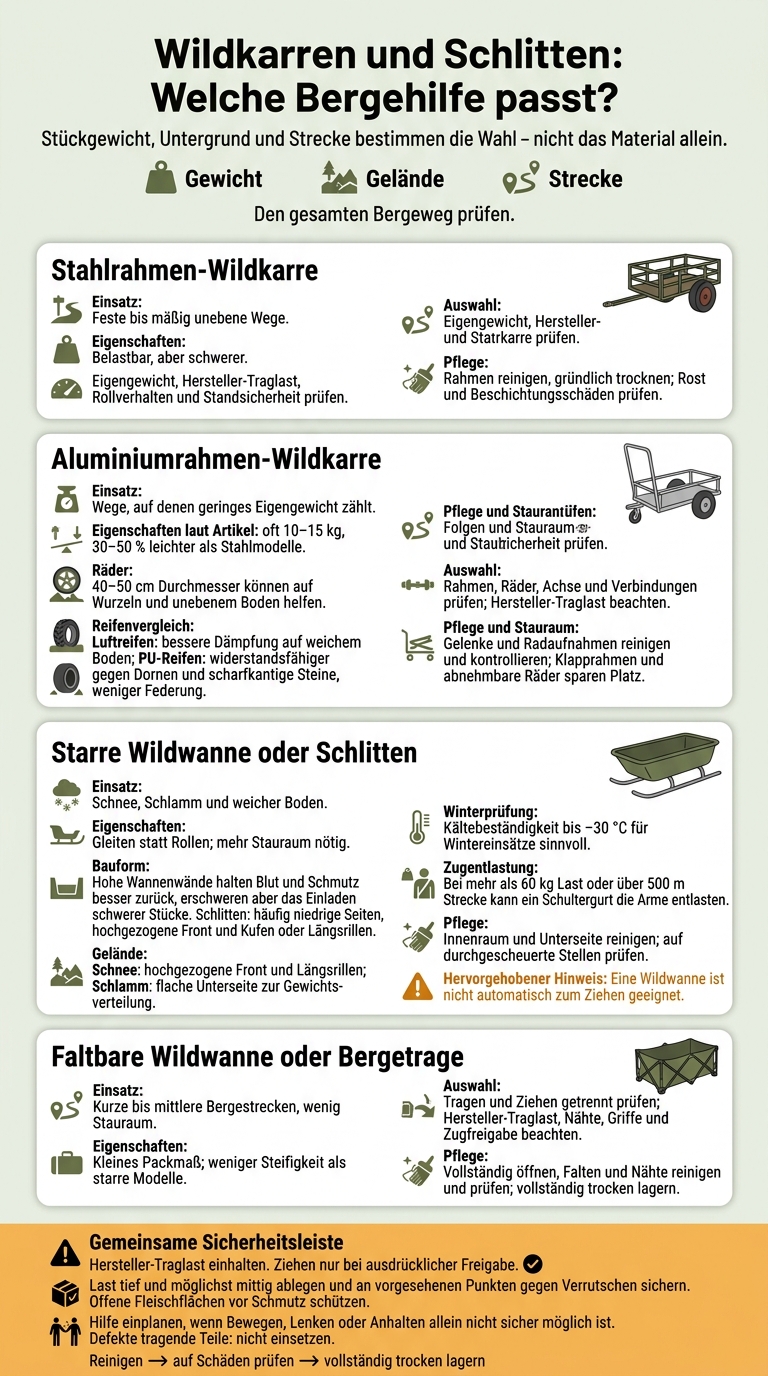 Wildkarren und Schlitten: Welche Bergehilfe passt?