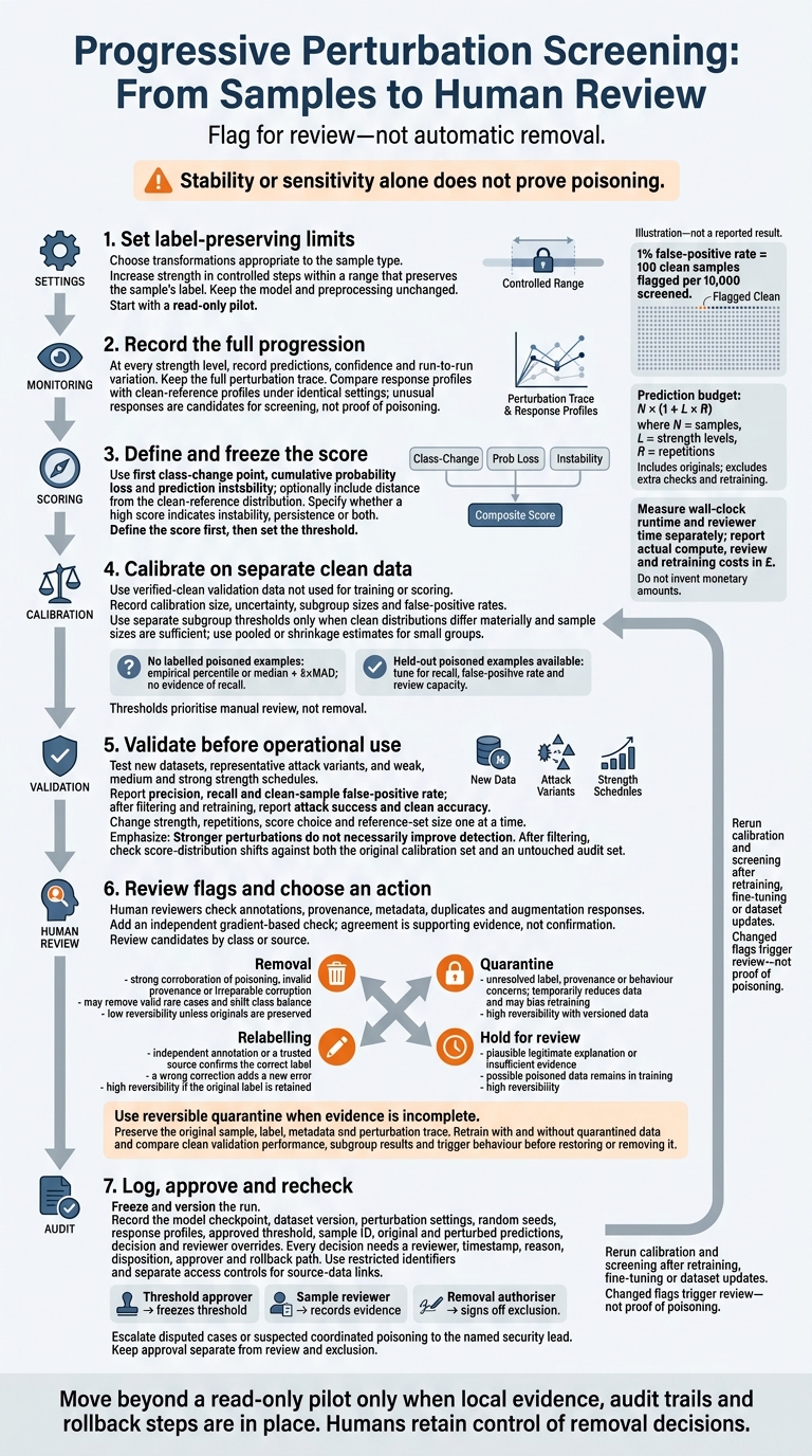 Progressive Perturbation Screening: From Samples to Human Review