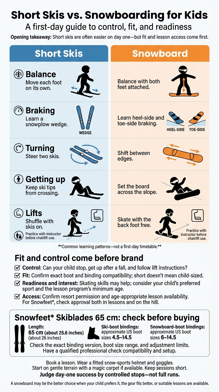 Short Skis vs. Snowboarding for Kids: First-Day Guide