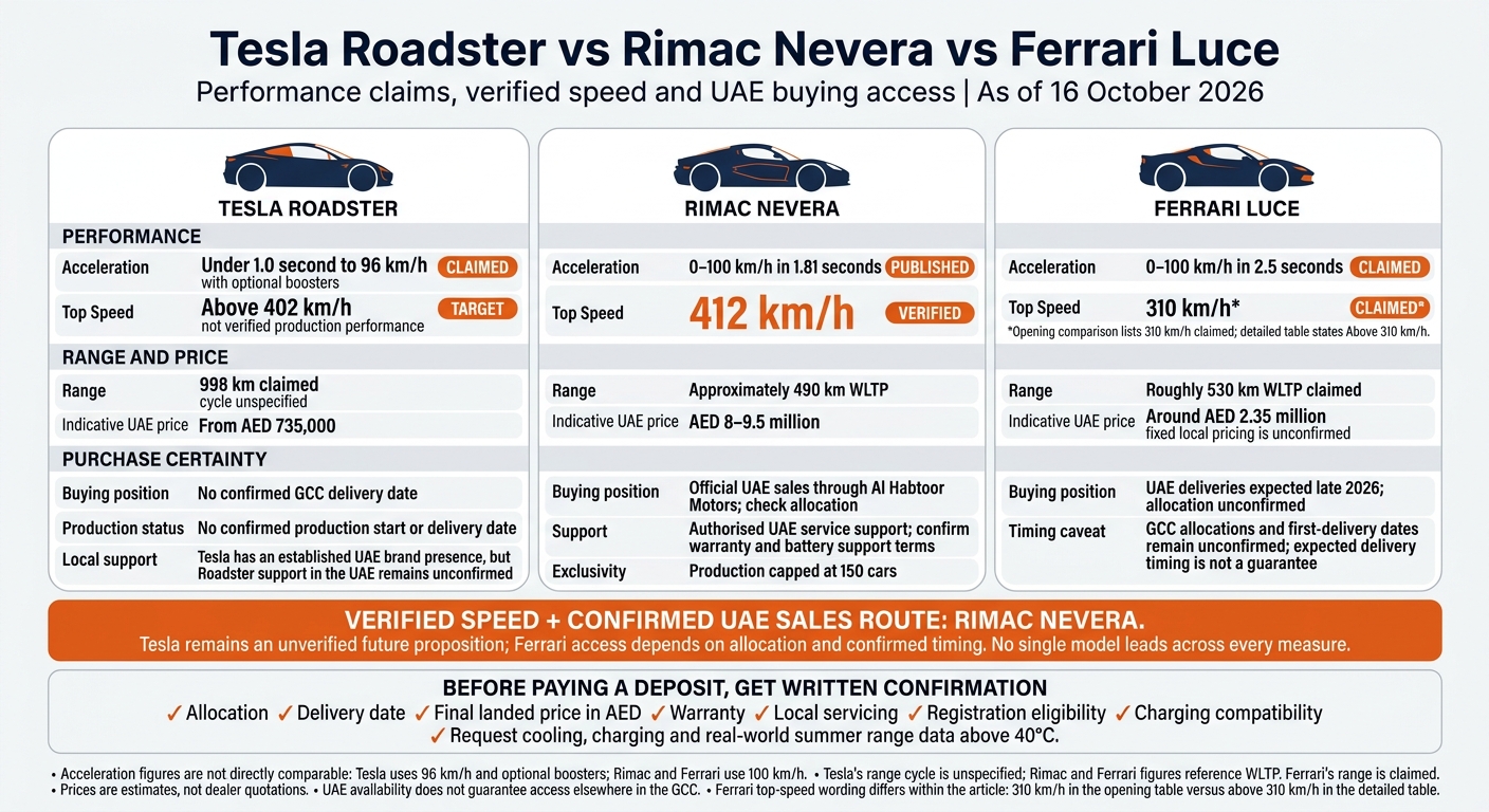 Tesla Roadster vs Rimac Nevera vs Ferrari Luce: Speed and UAE Access