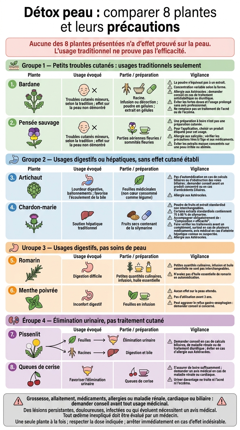 Détox peau : comparer 8 plantes et leurs précautions