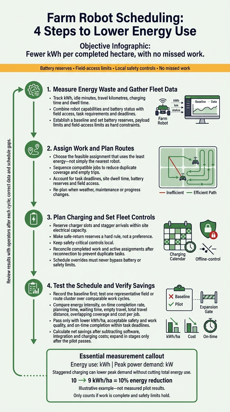 Farm Robot Scheduling: 4 Steps to Lower Energy Use