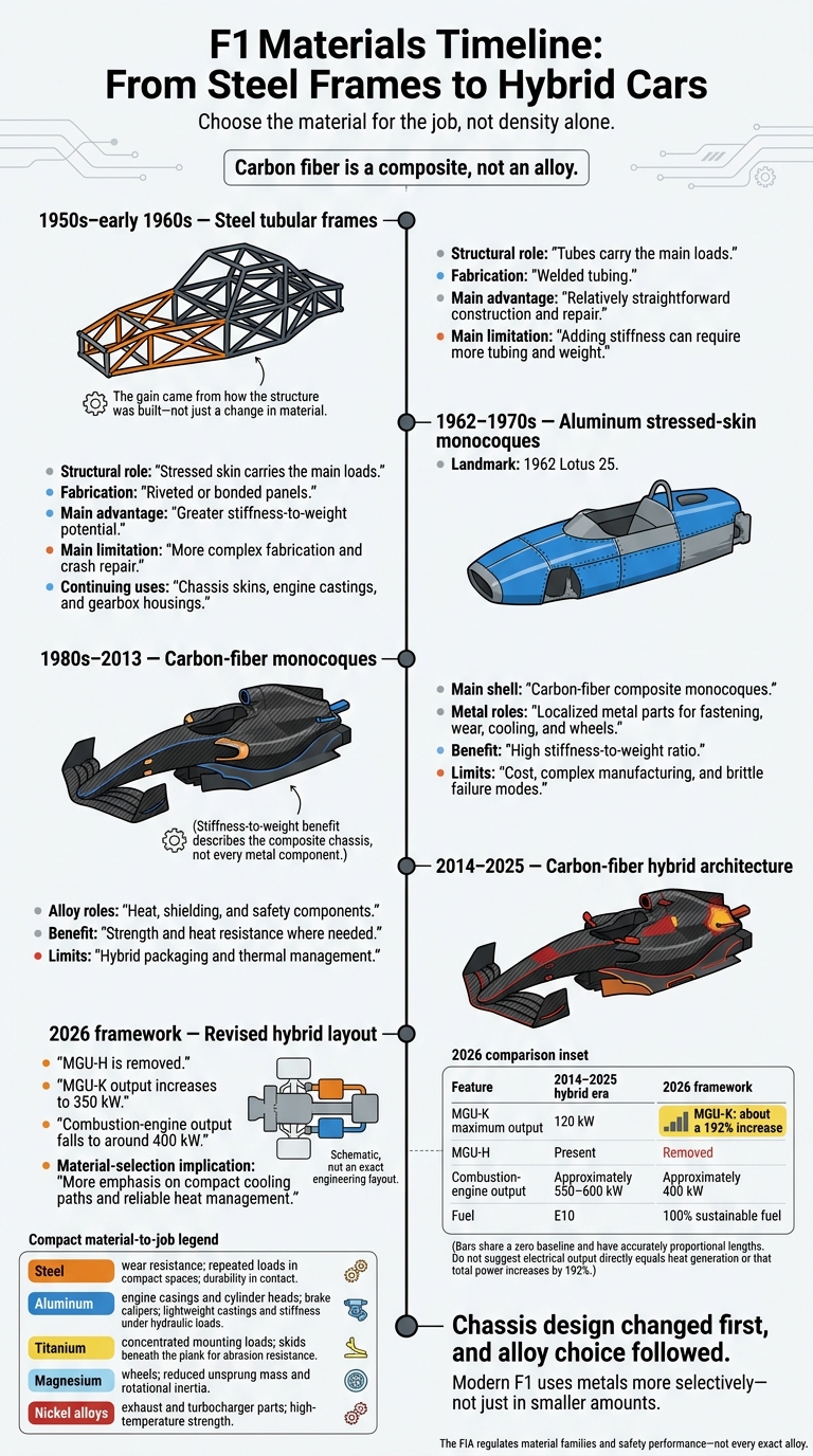 F1 Materials Timeline: From Steel Frames to Hybrid Cars