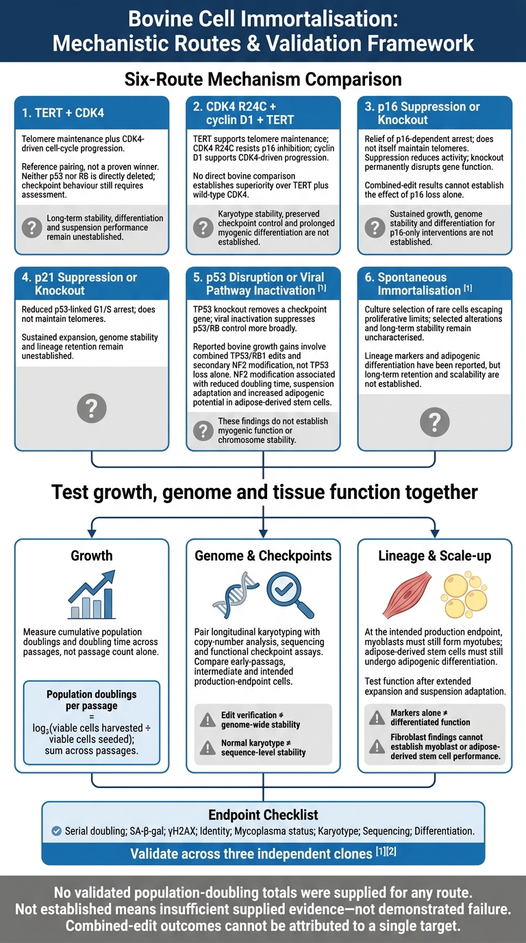 Bovine Cell Immortalisation: Six Routes and Three Validation Tests