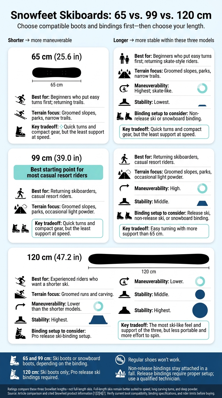 Snowfeet Skiboards: 65 vs. 99 vs. 120 cm