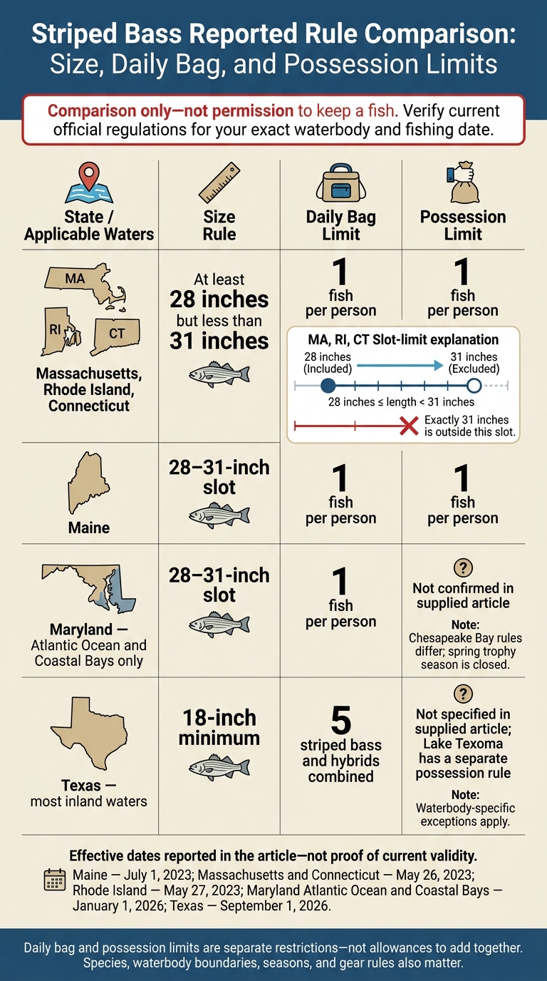 Striped Bass Size and Bag Limits Compared