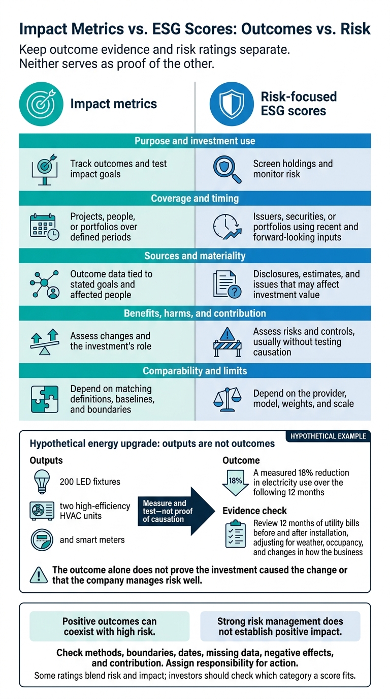 Impact Metrics vs. ESG Scores: Outcomes vs. Risk