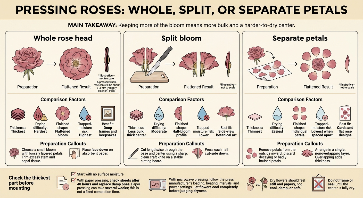 Rose Pressing Compared: Whole Blooms, Split Blooms, and Petals