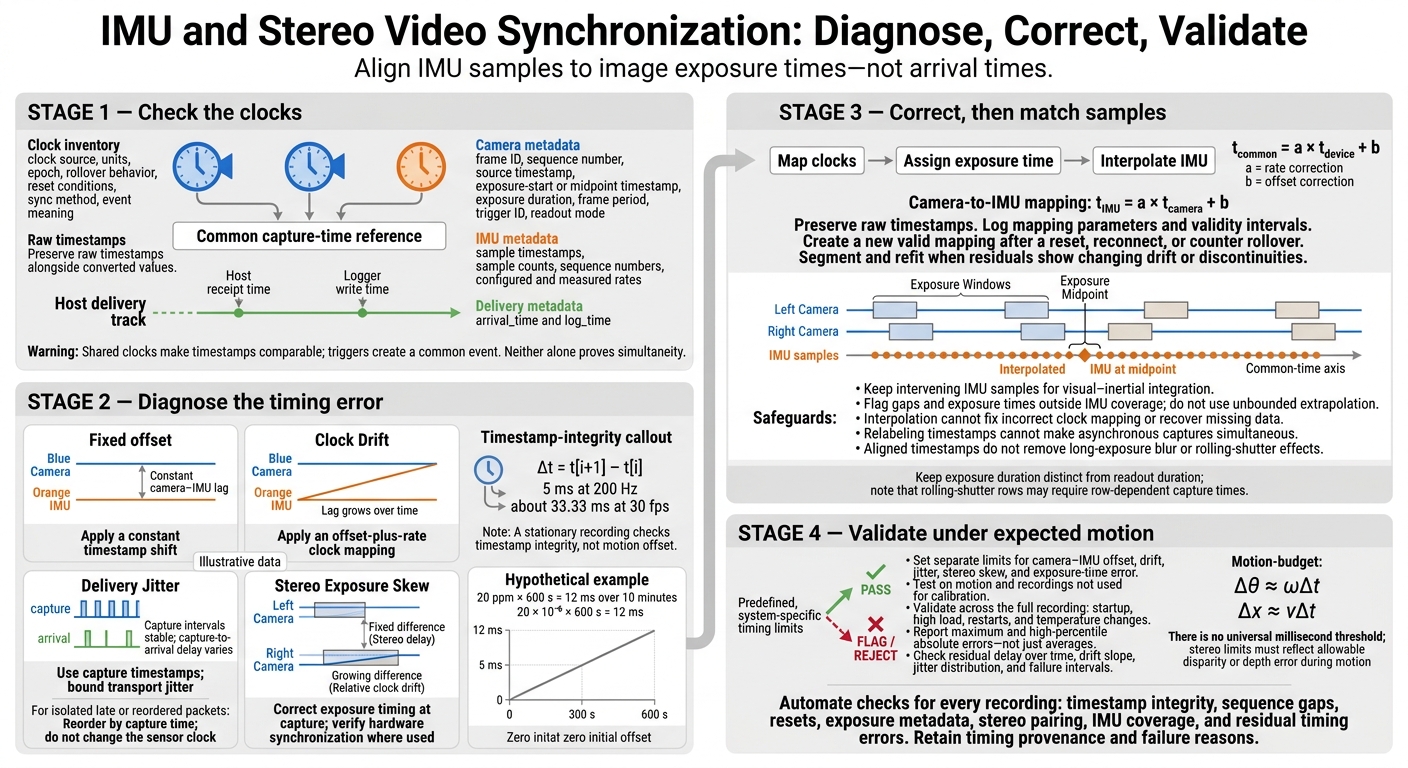 IMU and Stereo Video Synchronization: Diagnose, Correct, Validate