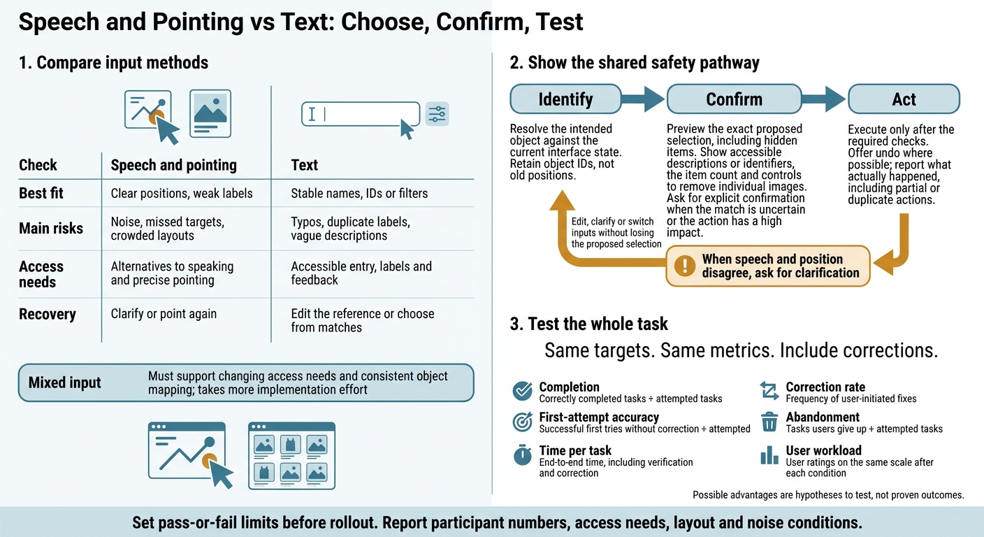 Speech and Pointing vs Text: Choose, Confirm, Test