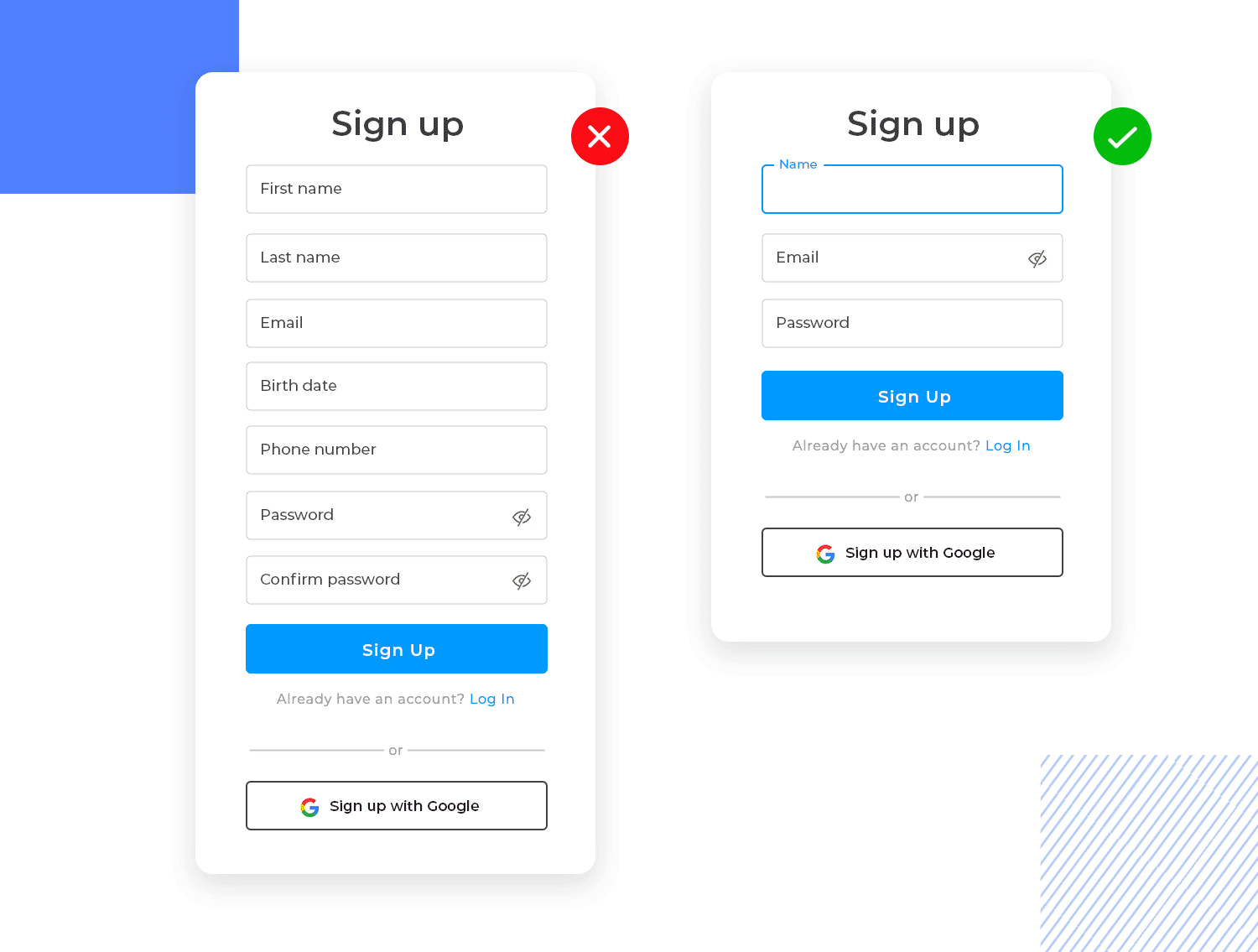 Comparison of poor vs optimized sign-up forms for mobile