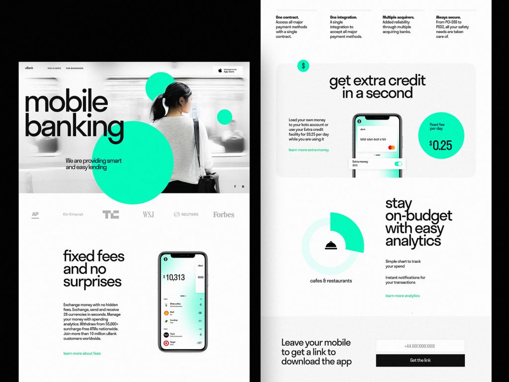Mobile banking landing page design example highlighting CTAs and layout.