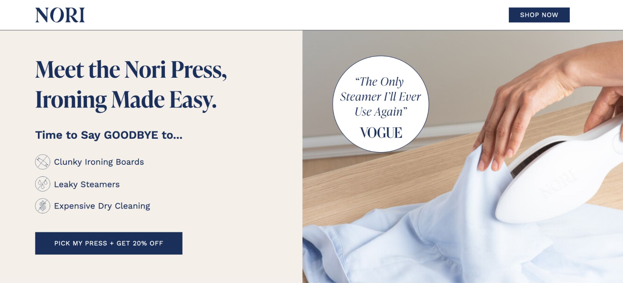Nori mobile landing page example with bold headlines