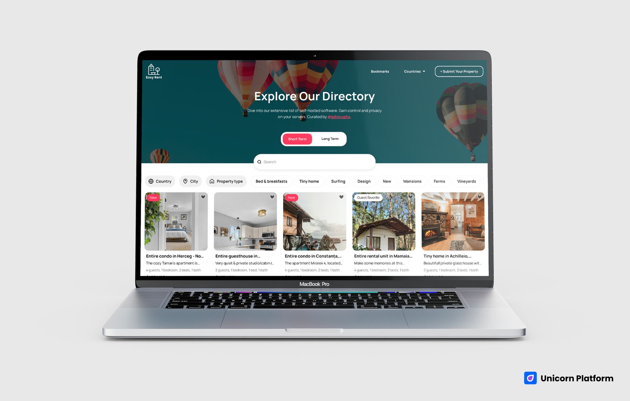Real estate template with a directory-style hero, property-category toggles, search, and listing cards