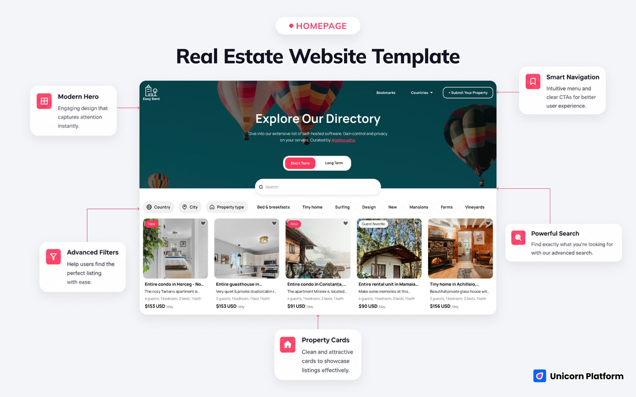Property directory template with a large hero area, category toggles, search, filters, and listing cards