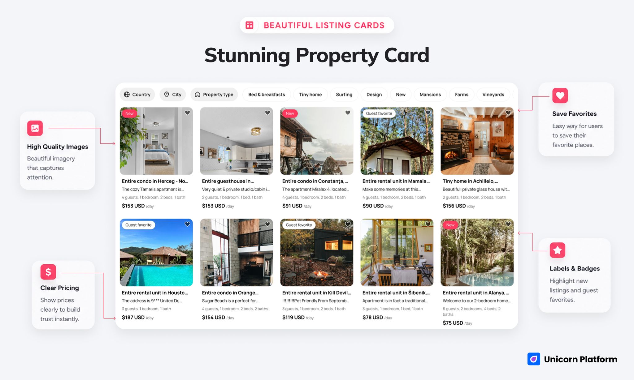 Listing cards with thumbnails, titles, badges, and short property descriptions