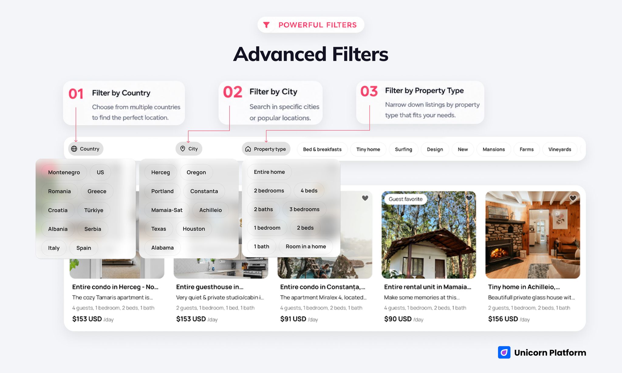 Search bar and dropdown filters for country, city, and property type