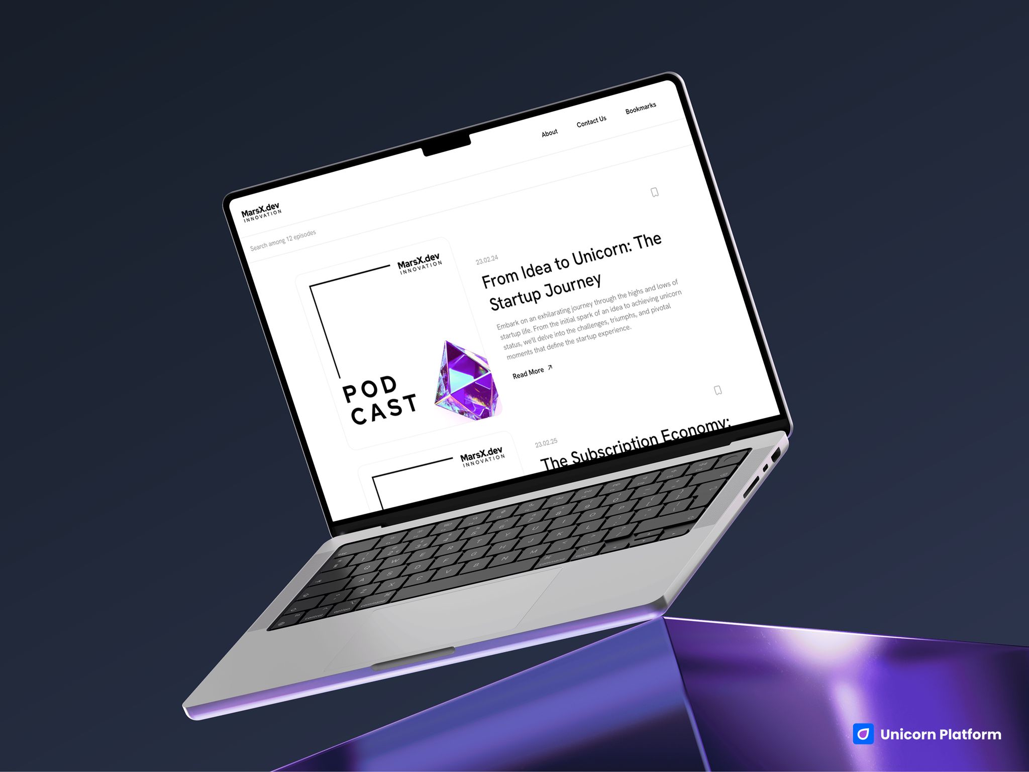 Podcast site design with show branding, searchable episode browsing, and episode cards