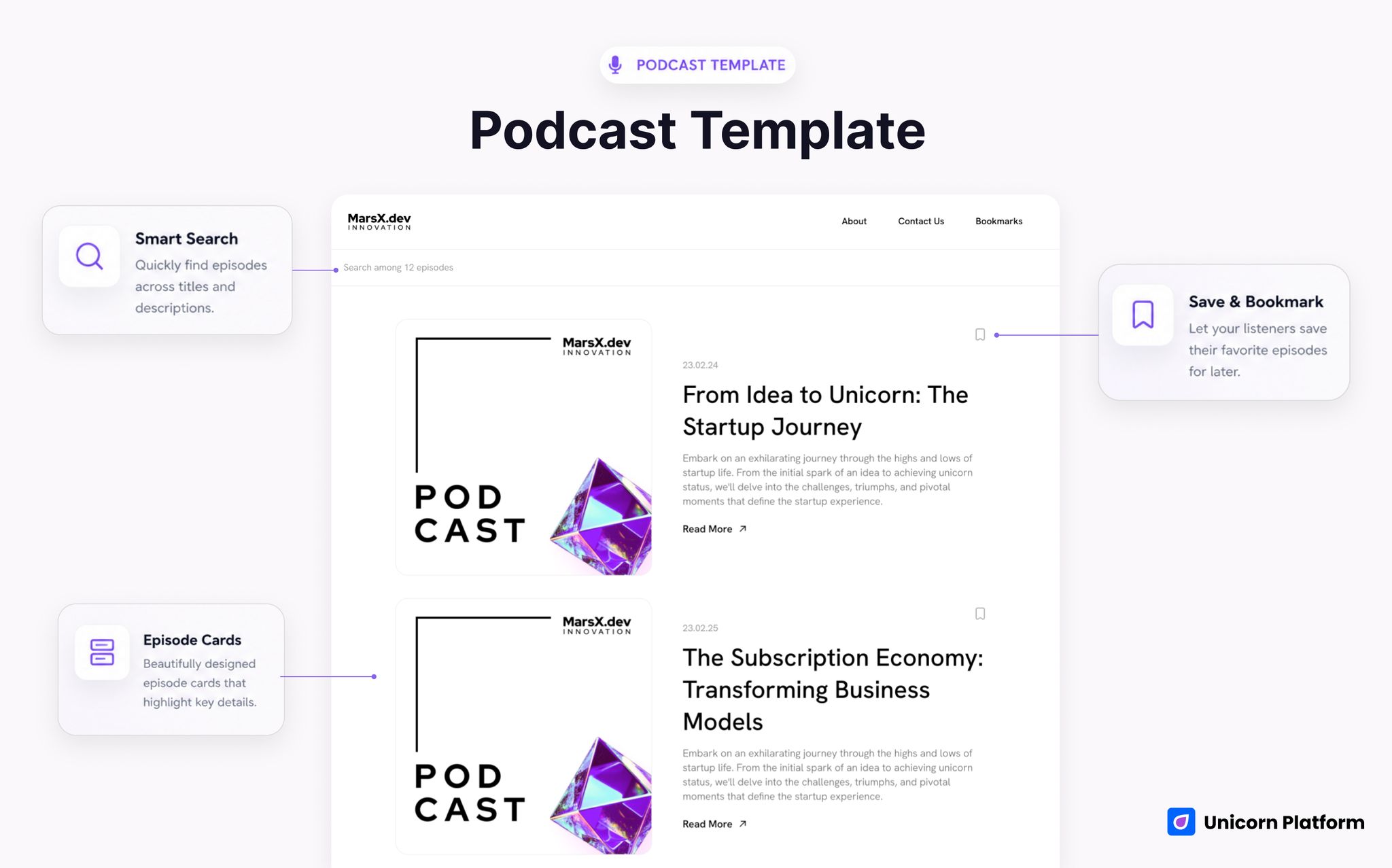 Podcast site template with a searchable episode grid and card-based show archive