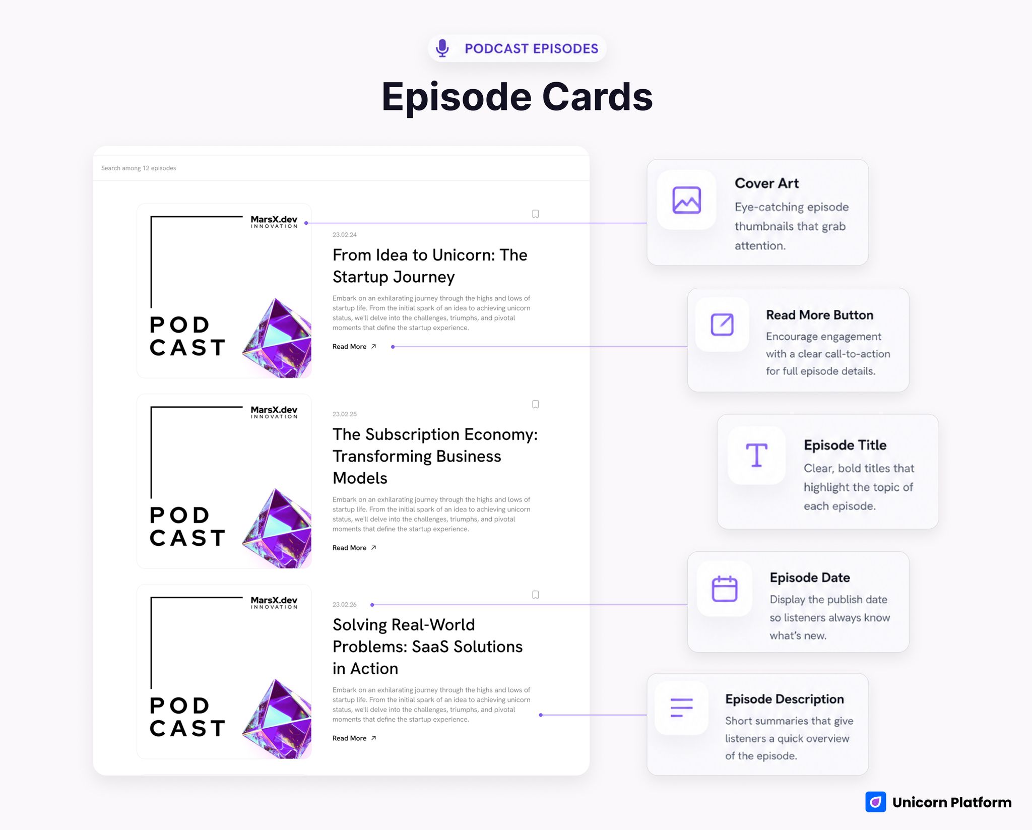 Episode cards with artwork, date, title, description, and read-more action