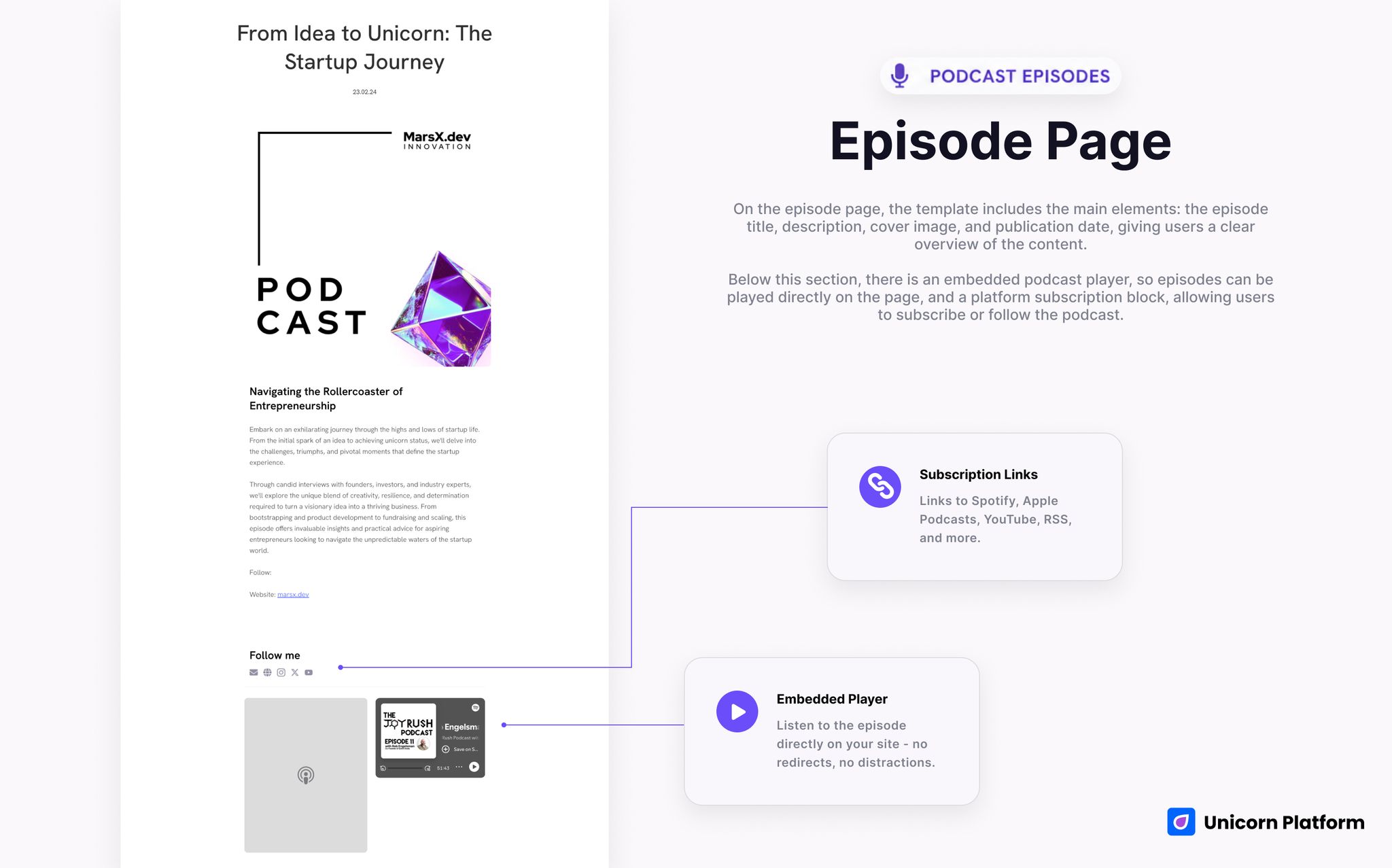Embedded podcast player or platform subscription block within an episode page
