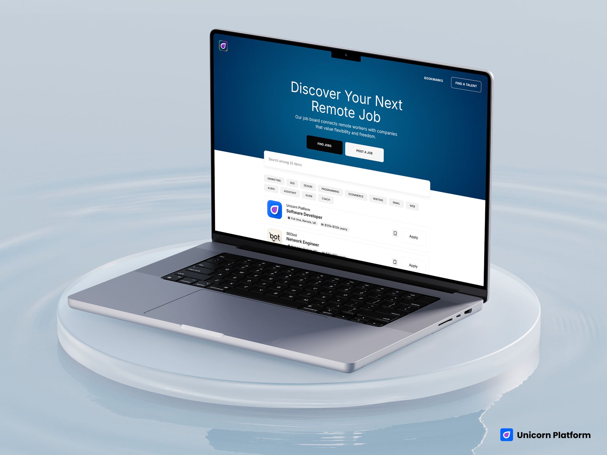 Hiring-board template with a strong hero, job-search CTA, post-a-job CTA, and searchable listings
