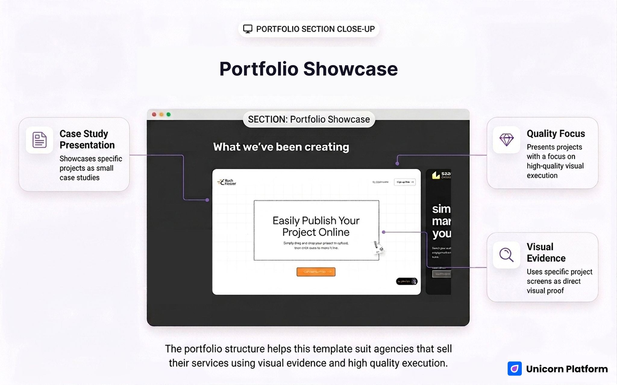 Portfolio section showing agency work categories and case-study style presentation