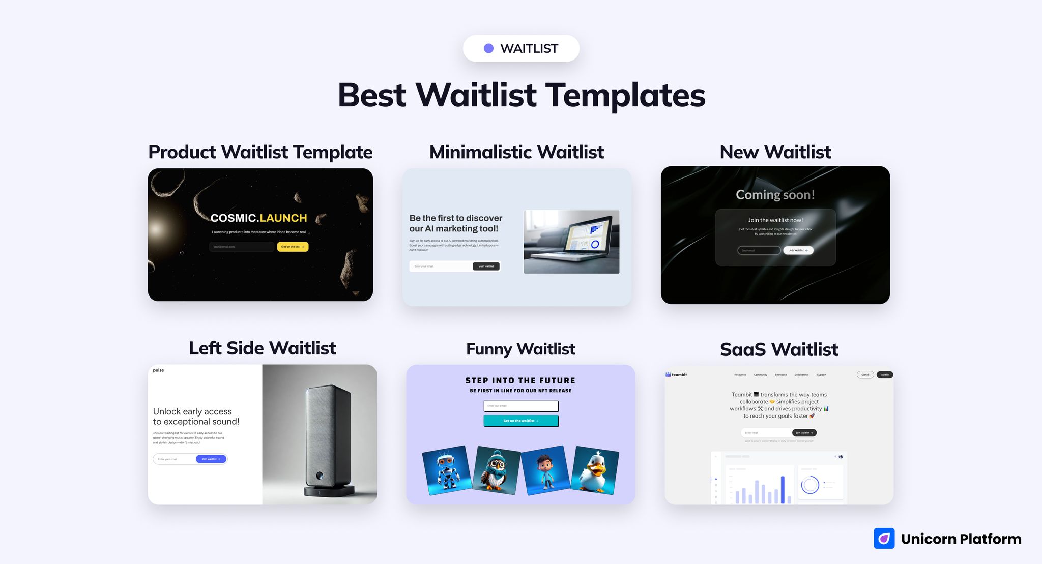 Gallery view of Unicorn prelaunch pages covering futuristic, minimal, playful, and SaaS-style launch layouts