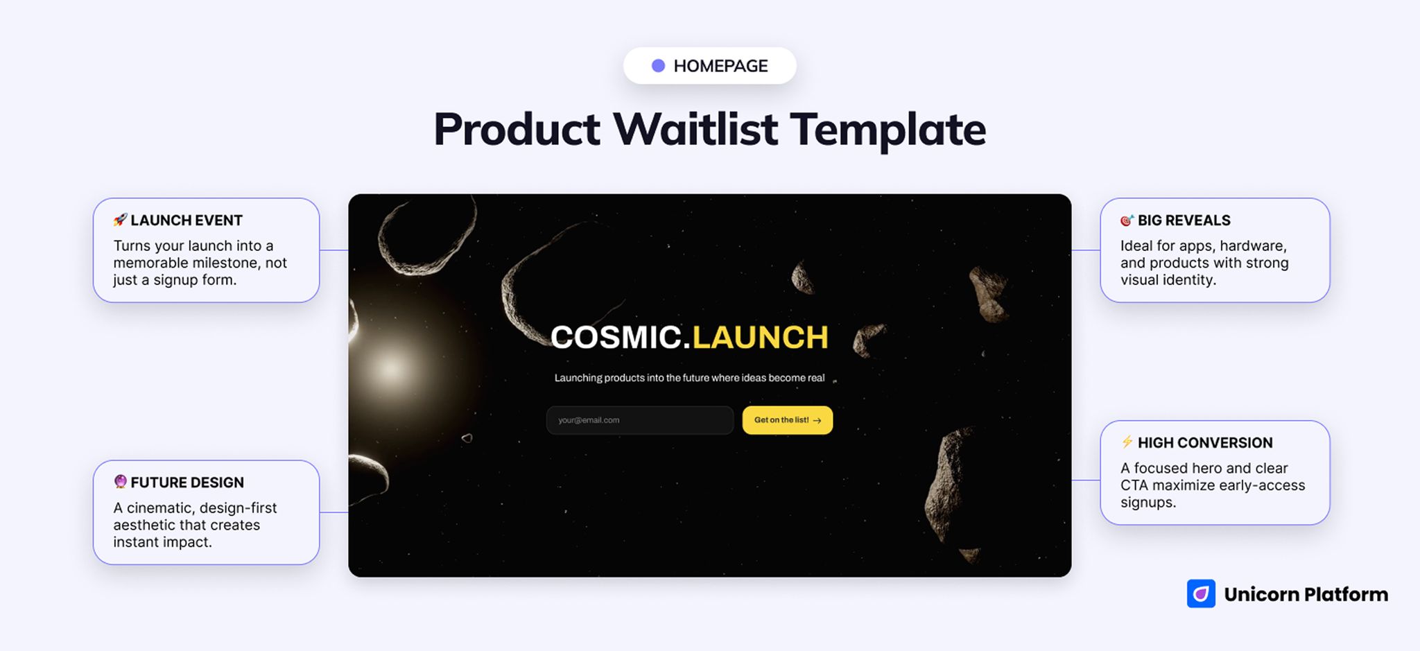Futuristic product waitlist page with a bold hero, launch-focused copy, and early-access signup framing