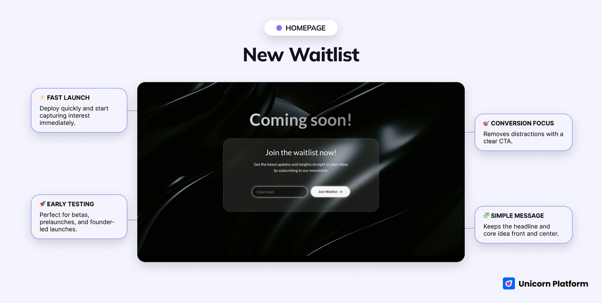 Minimal waitlist page with direct signup copy, one clear call to action, and very little distraction