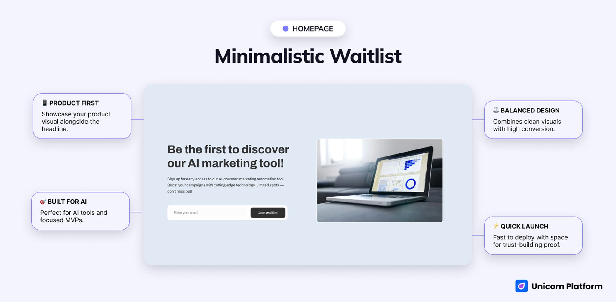 Clean product-shaped waitlist page with minimal visual noise and a focused early-access structure