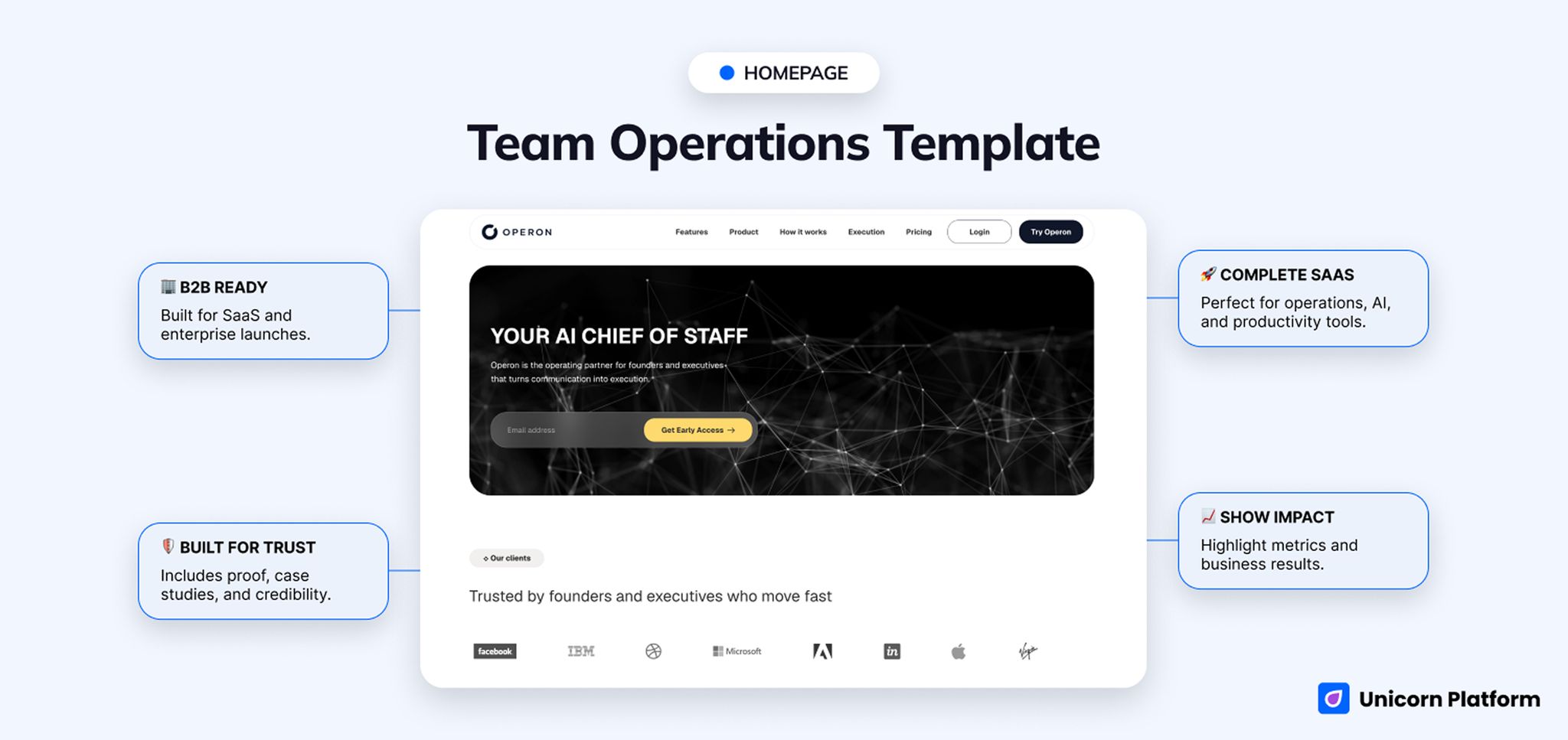 B2B software homepage for an AI chief-of-staff product with navigation, trust proof, pricing, and early-access