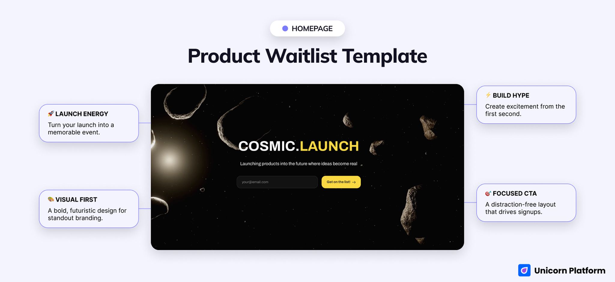 The page sells anticipation first. Use it when mood and launch energy are part of the pitch.