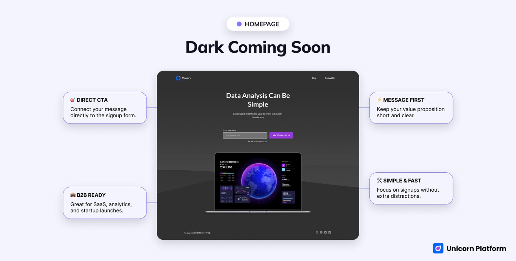 The main advantage is focus. This layout gets visitors from message to action with almost no detour.