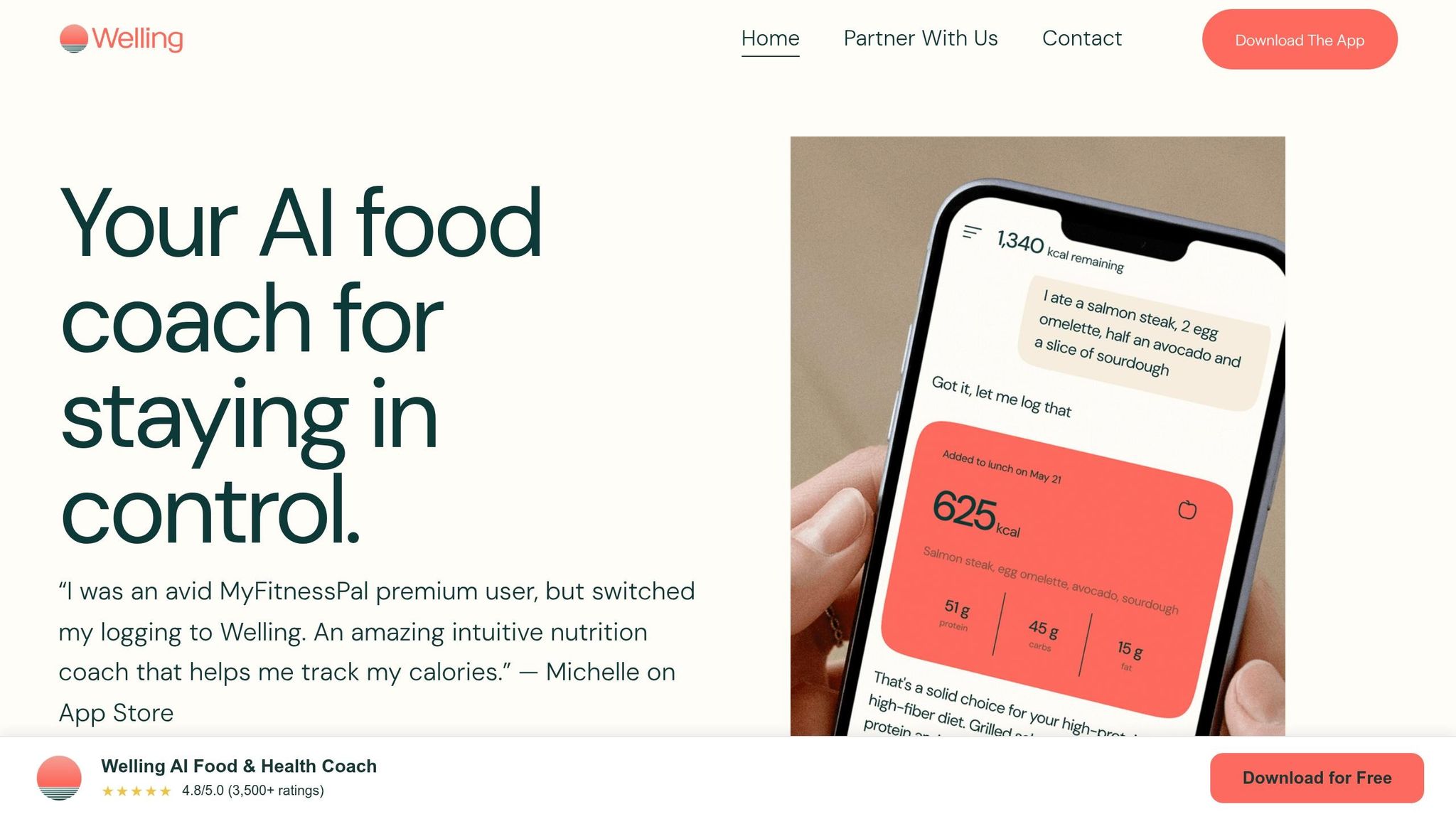 Welling app screen showing photo and chat food logging with automatic calorie and macro totals