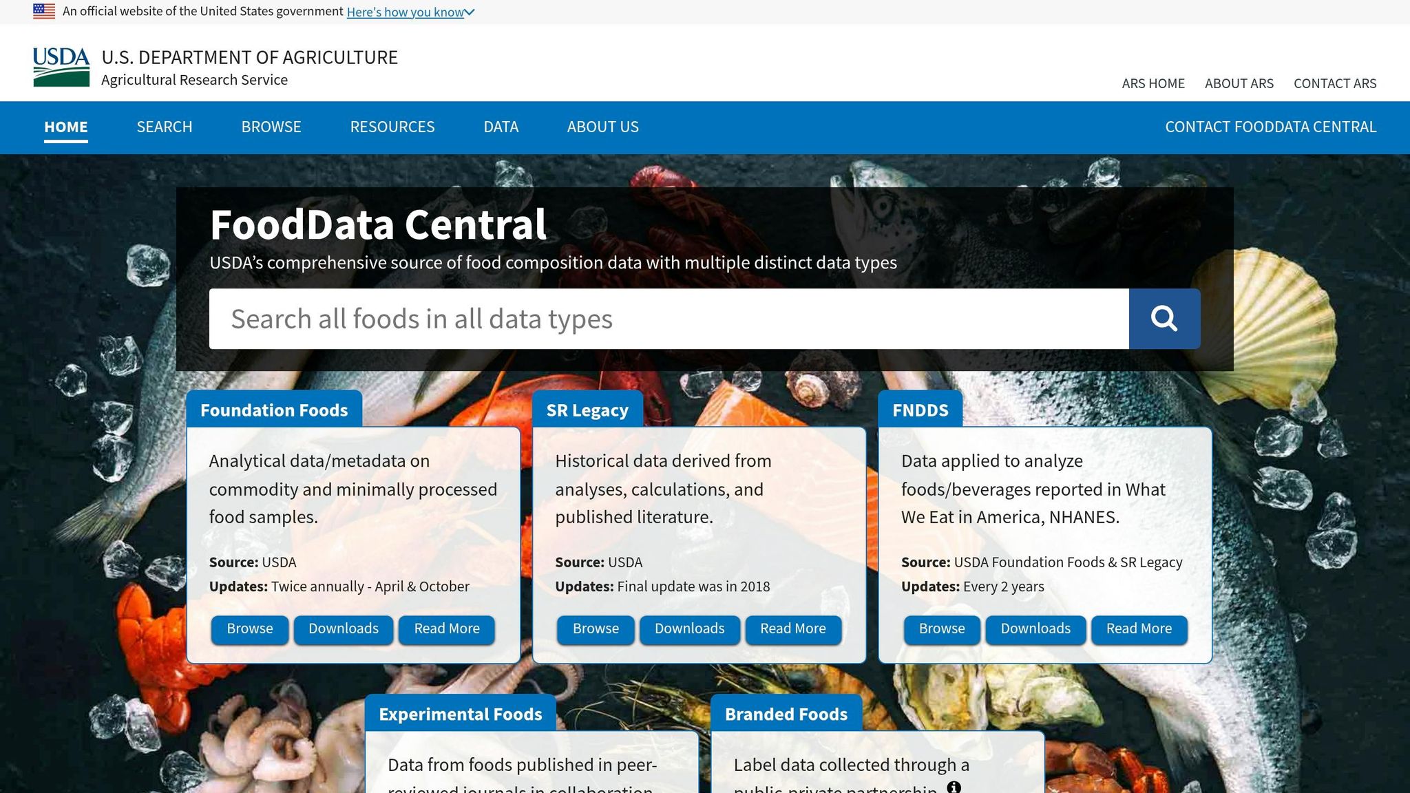USDA FoodData Central search interface showing branded and foundation food entries