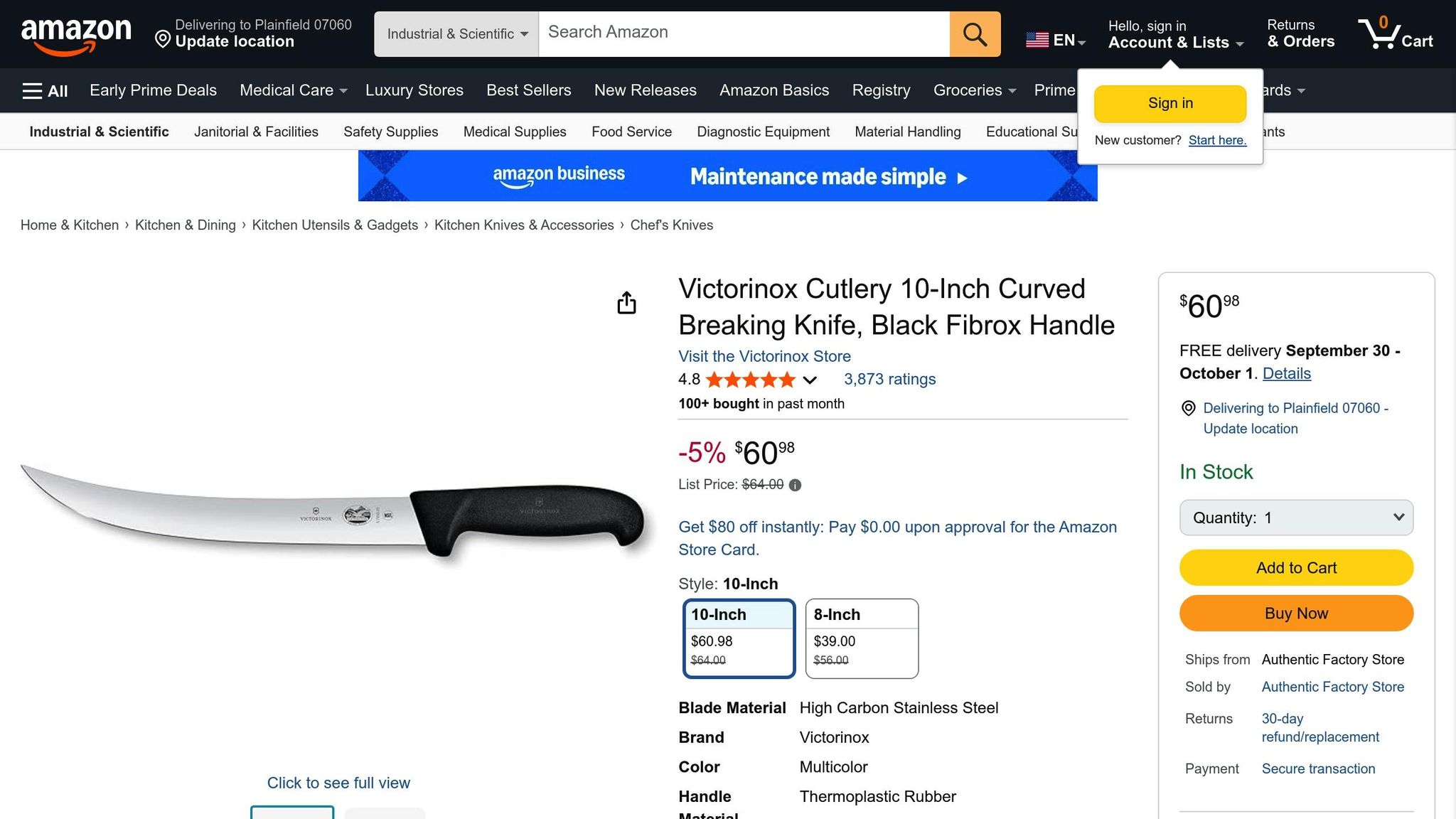 Victorinox Fibrox 10-Inch Curved Breaking Knife